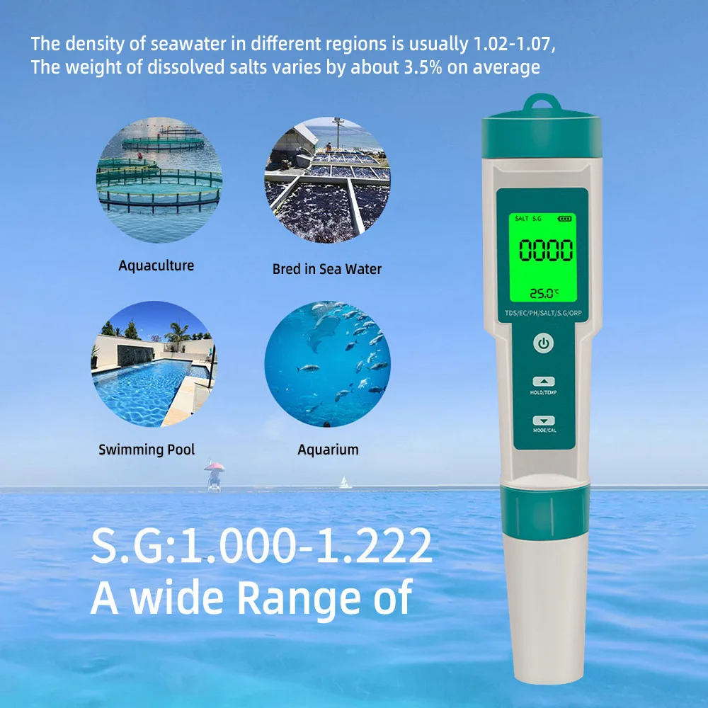 7-în-1/10-în-1 PH/ORP/CE/TEMP/SARE/S. G/TDS/salinitate/bogate în hidrogen H2/MΩ rezistivitatea apei de calitate detector de iluminare rezistent la apa