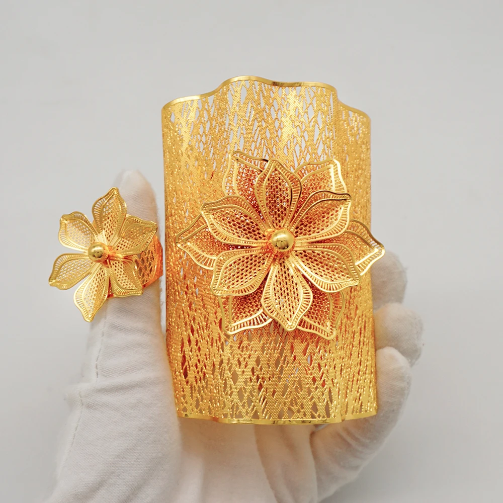Bine Dubai Culoare De Aur Gol Pe Bratara De Flori Indian Brățară Pentru Doamna Africane Brățară Inel Etiopian Bijuterii De Mireasa, Cadouri De