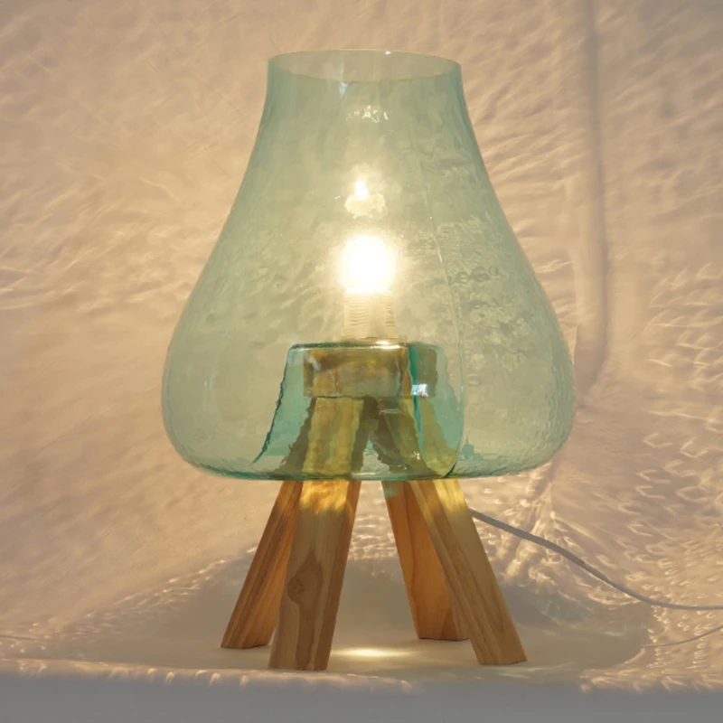 Creative Nordic albastru abajur de sticla design lampa de masa moderna dormitor noptieră decor din lemn de stejar cadru LED E27 de iluminat