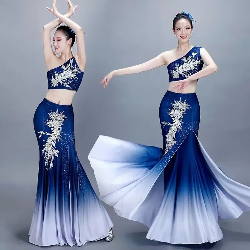 Dansatoare de Performanță Costume Femei Elegante Gradient Albastru Practică Rochie Folk Dai Păun, Rochie Dans Copii Plus Size 2XL