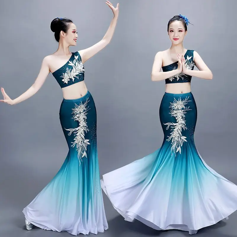 Dansatoare de Performanță Costume Femei Elegante Gradient Albastru Practică Rochie Folk Dai Păun, Rochie Dans Copii Plus Size 2XL