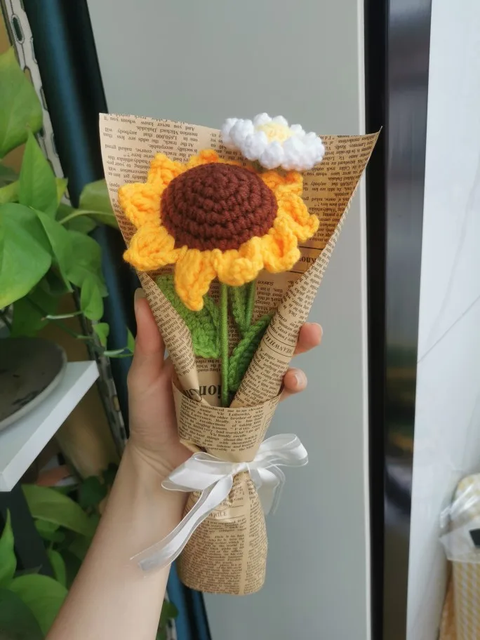 Frumos Lână De Tricotat Manual De Floarea-Soarelui Buchet Bew Cadou De Ziua Decor Acasă