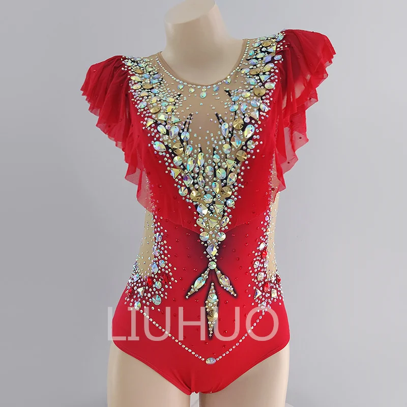 LIUHUO Gimnastică Ritmică Tricouri Roșii Și Galbene Imprimate Diamant fără Mâneci Concurs de Costume