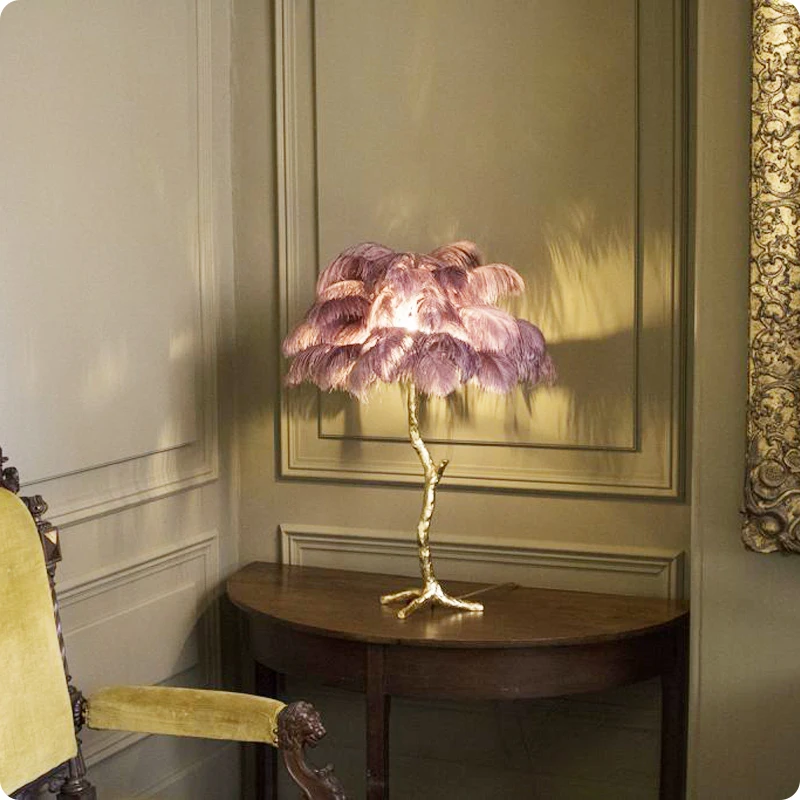 Pană Lampa De Podea Camera De Zi Plin De Cupru American Princess Dormitor Struț Ins Stil Lampă De Masă Decor Scandinav