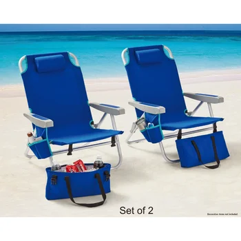 2-Pack Pilonii Rabatabile 4-Poziția Supradimensionat Scaun De Plajă, Albastru Fotoliu Pliabil Pentru Camping 