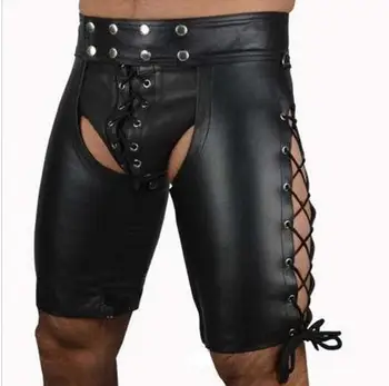 2023 Lenjerie Sexy Gay Bărbați Faux din Piele Dantela Sus Pantaloni Noi Fierbinte Negru Mens Latex PVC Robie Deschide Cortch pantaloni Scurți Gotic Fetish