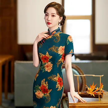 2023 Vara Fantă Mid-lungime Rochie Doamnelor Tradiționale Qipao Stil Chinezesc Cheongsam de Flori Rochie de Seara Quipao Rochie Orientale