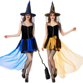 Adult Albastru/ Portocaliu Costum Vrajitoare Halloween Cosplay Vrăjitoare Joc Club de noapte DS Costum de bal Mascat