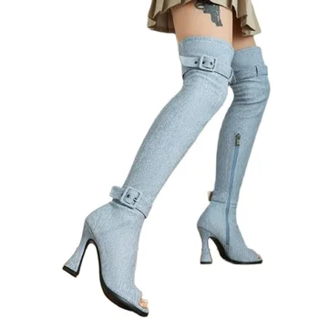 Albastru Denim Peste Genunchi Cizme Strappy Decor Subliniat Peep Toe Pantofi pentru Femei Indesata Toc Pantofi de Moda 2023 Zapatos Para Mujere