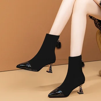 Amestecat Printuri Color A Subliniat Deget De La Picior Negru Turma Cizme Jumătatea Vițel Spate Cu Fermoar Femei Pantofi Ciudat Stil Tocuri 2023 Zapatos Para Mujere