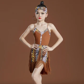 Copiii de Performanță Dans Haine Pentru Fete fără Mâneci Leopard Top cu Franjuri, Fuste Etapă latină Concurs de Dans Costum SL8261