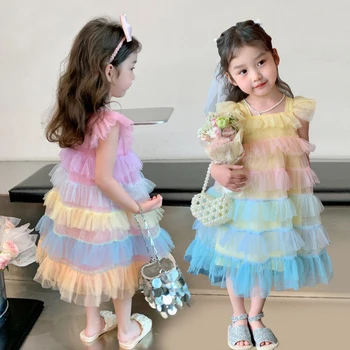 Curcubeu Dantelă Rochie de Petrecere pentru Fete de Vara Bretele Rochii de Printesa Copiii fără Mâneci Vestidos 2-8 Ani Copii Dulce Comstume