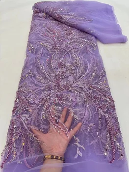 De lux violet Nigerian Margele Dantelă Tesatura franceză Plasă de Tul Paiete, Broderie cu Margele Africane din Dantela Cusut Material Pentru Rochie