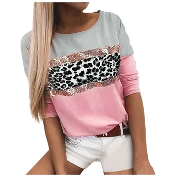 Femeile Sequin Leopard de Imprimare de Moda Casual Trend T-shirt, O-neck Maneca Lunga Topuri Birou Mozaic de sex Feminin tricou Pulover de Toamna