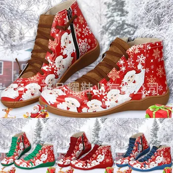 Femeile Zăpadă Iarna din Piele Glezna Cizme de Crăciun Plat Dantelă Up 3D Imprimate de Culoare de Potrivire Confortabil anti-Alunecare Pe Fund Moale Pantofi 2023