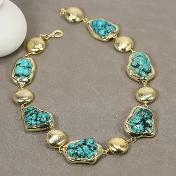 GuaiGuai Bijuterii Albastru Turcoaz Formă Neregulată Forma Placat Cu Aur Periat Monedă Margele Prime Colier Handmade Cadouri Pentru Doamna