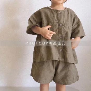 Imbracaminte copii Set Stil coreean Primavara-Vara Noi 2023 Moda Pierde Bumbac și Stil Retro Shirt, pantaloni Scurți Băieți și Fete Costume