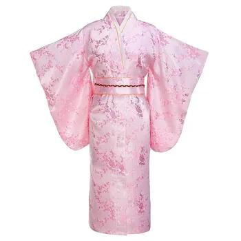 Imprimare roz Floare Tânără Japoneză Tradițională Kimono-Halat de baie Rochie Complet Maneca Petrecere de Seara, Rochie de Bal Satin V-gât Haine