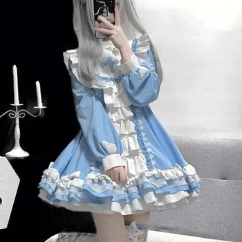 Japoneze Gothic Lolita OP Rochie Femei Kwaii Arc Volane Albastru Mozaic Alb Rochii de Printesa Fată Harajuku Ceai Partid Rochie Mini