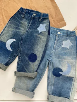 Jenny&Dave Populare 2023 Primăvară Nouă Băieți și Fete Manual Denim Versatil Casual Pantaloni Drepte Sun Moon Star Copii