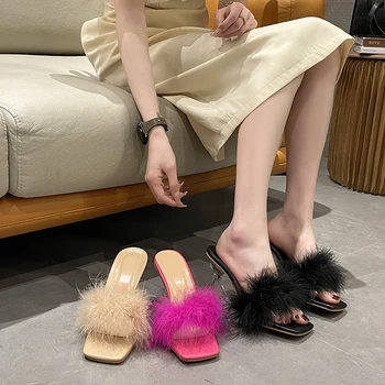 Marimea 35 - 45 Sexy Ciudat Tocuri Transparente Papuci De Moda Blană, Pene Vara Sandale Peep Toe Slip-On Pantofi Clare Femei Slide-Uri