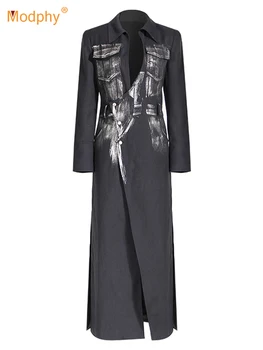 Modphy Moda 2023 Designer Palton Femei Colorant Cravată Subțire Lung Haina Rever Guler Toamna Iarna Streetwear Jachete Vestido
