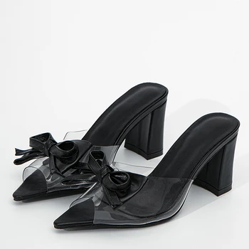 New Sosire Fluture nod din PVC Transparent Papuci de sex Feminin a Subliniat Deget de la picior Deschis Toc Patrat Slide-uri de Femei Pantofi Sandale de Vara