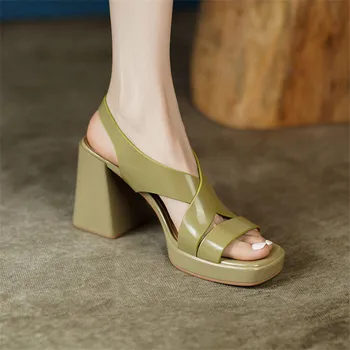 Noile Sandale De Vara De Vacă Din Piele Tocuri Inalte Femei Pantofi Toc Indesata Square Toe Sandale Spate Curea Pantofi Femei Pompe Manual