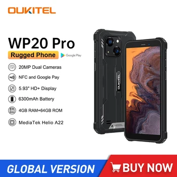 OUKITEL WP20 Pro, rezistent la apă, 4G Smartphone-uri 5.93 Inch, procesor Octa Core 4GB+64GB 6300mAh 20MP Camera Android 12 Telefon Mobil NFC