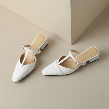Pantofi femei 2023 Primăvara și Vara Noi, Originale, din Piele Square Toe Mid-toc Papuci Sandale franceză Catâri Femei Sandale Casual