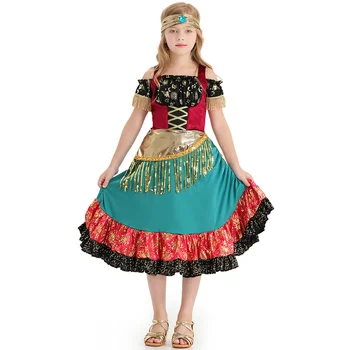 Tigan Fete Costum Boem Paiete Curea De Dansuri Rochie Cu Pălării Copii Flamenco De Performanță Costum