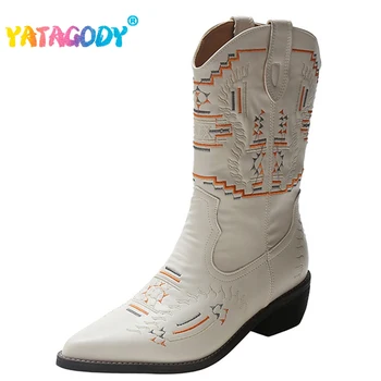 YATAGODY Dimensiune 35-40 de Vest Cizme de Cowboy pentru Femei Subliniat Toe Moda Tocuri Indesata Pantofi Pentru Femei de Iarnă Broderie Cizme Scurte