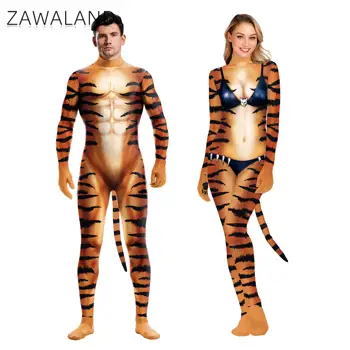 Zawaland Dungi de Tigru Animal de Cosplay Costum Sexy Zentai Body cu Coada Lungă Maneca Acoperire Completă Robie Catsuit salopete